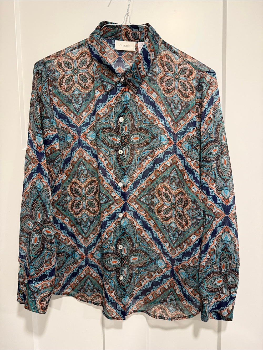 Chico’s Paisley Medallion Button-Front Blouse — Size 2